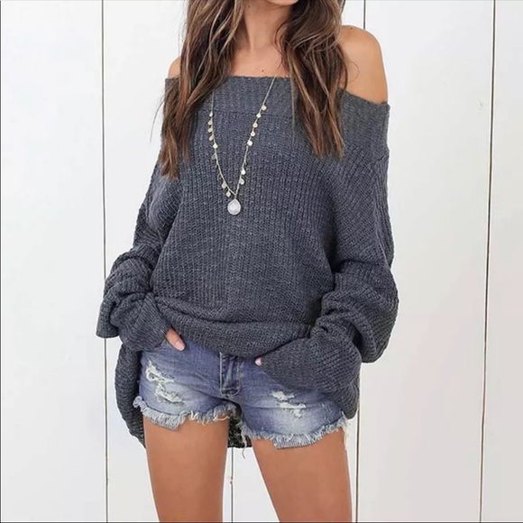 Sweaters - Slate Gray Slouchy Off Shoulder Oversized Sweater